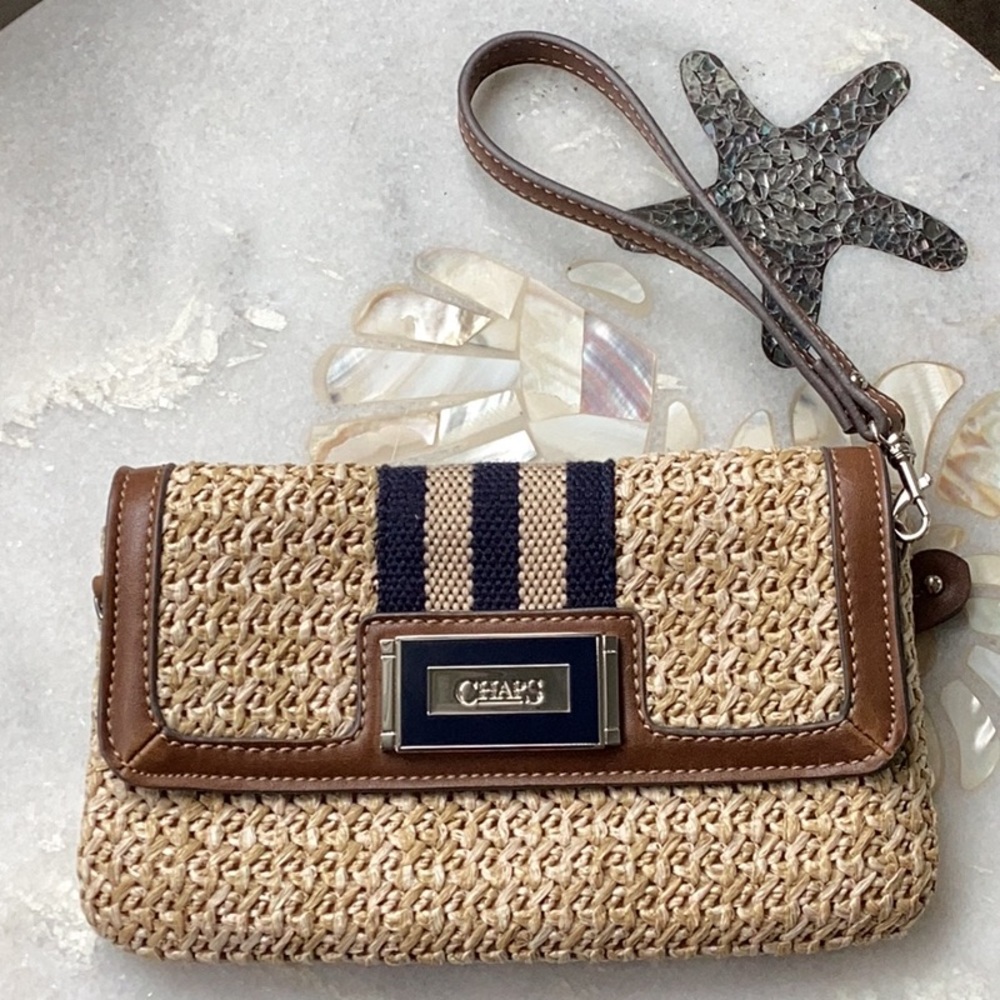 Chaps Straw Wristlet Clutch in Natural and Navy
